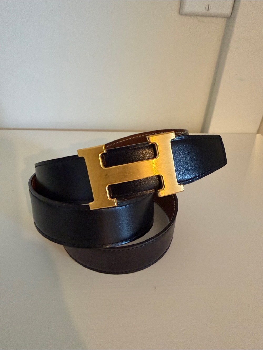 Authentic Hermes Black Leather Belt with Gold H Buckle